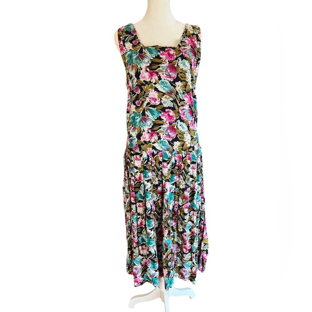 VTG ALLISON BLAIR Floral Drop-Waist Button-Back Tie Dress 80s/ 90s Sz M Pleated